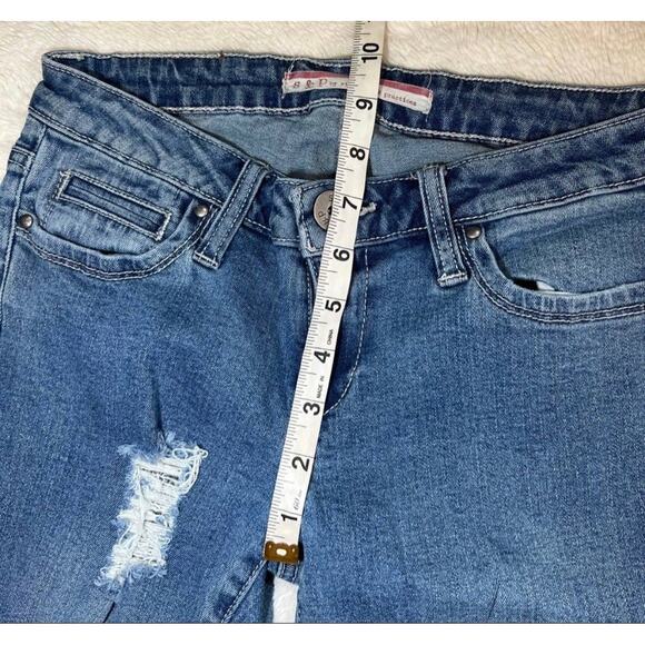 Standards and Practices Distressed Holey Bell Bottom Flare Blue Jeans - Picture 9 of 11